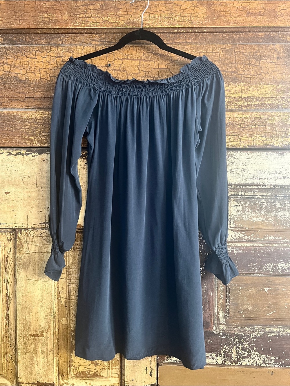 Jenny Han 100% Silk Off Shoulder Navy Dress | Romantic Date Night Mini Dress